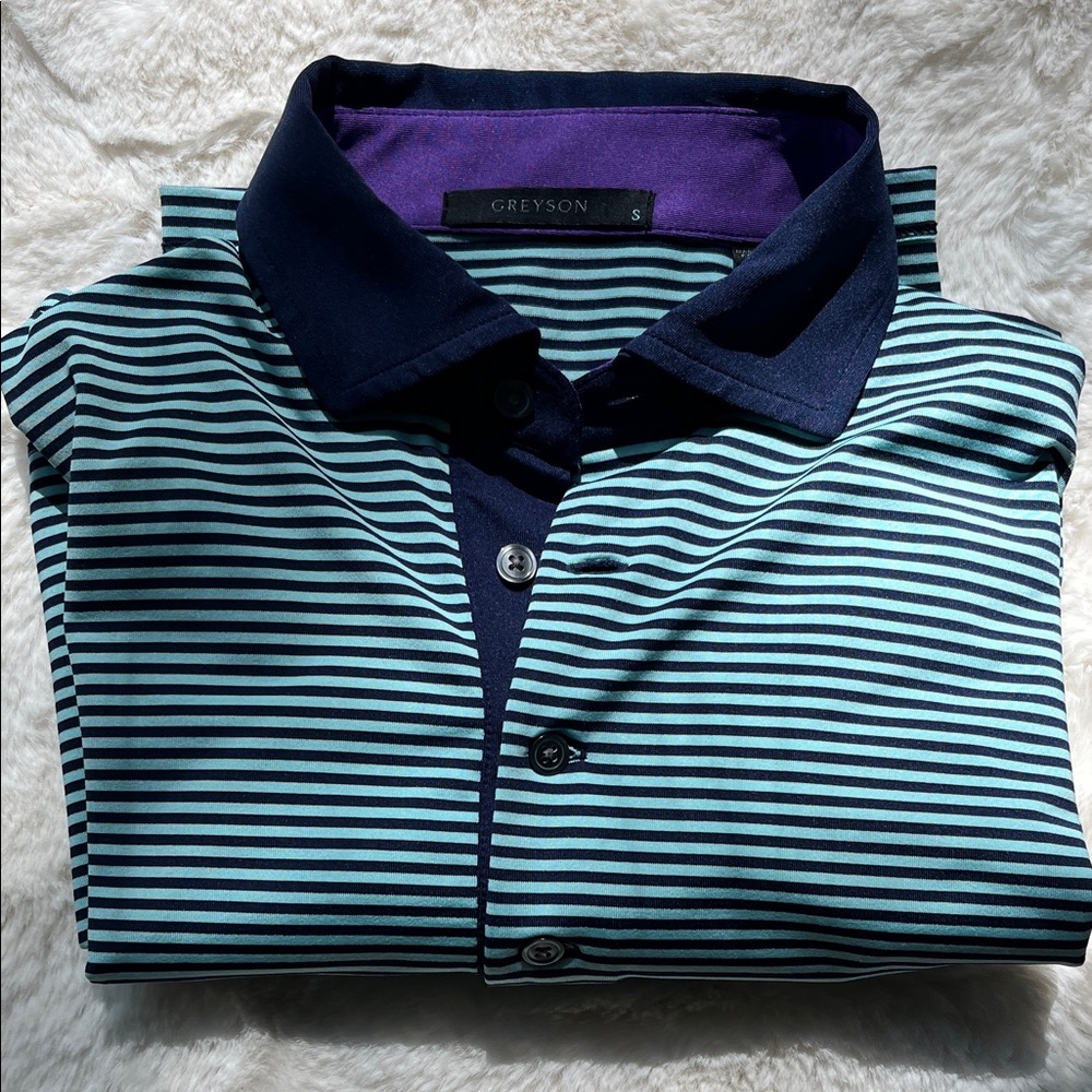 Men’s Greyson Navy and Teal Striped Golf Polo Shirt, Small